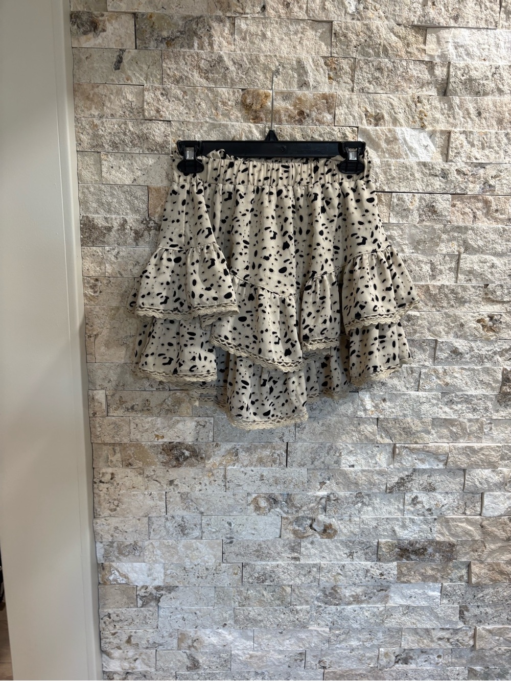 Tiered Ruffle Skater Skirt in Cream with Black Spot Print shorts underneath Xs
